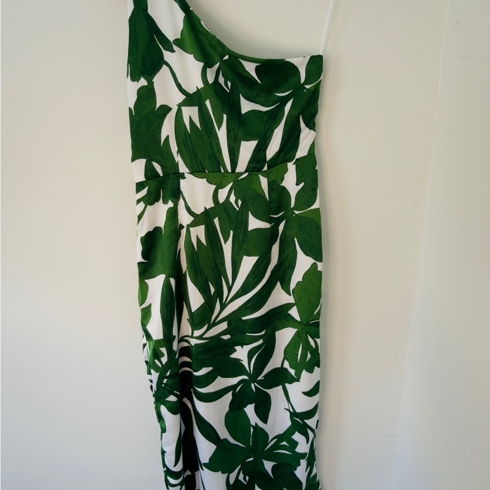 Ann Taylor One-Shoulder Dress with Green Leaf Pattern